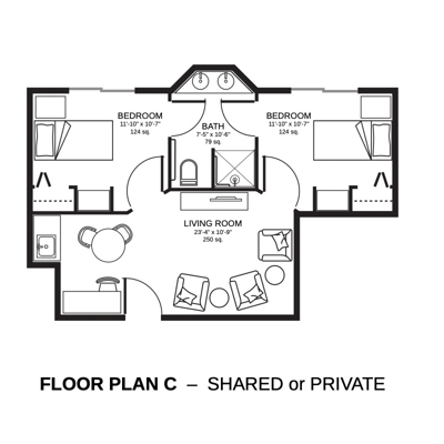 Floor plan layout of shared or private rooms