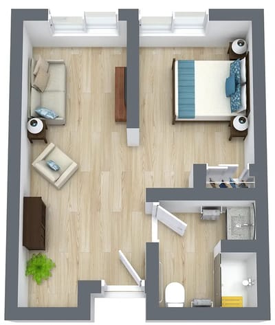A floor plan of a one-bedroom suite layout
