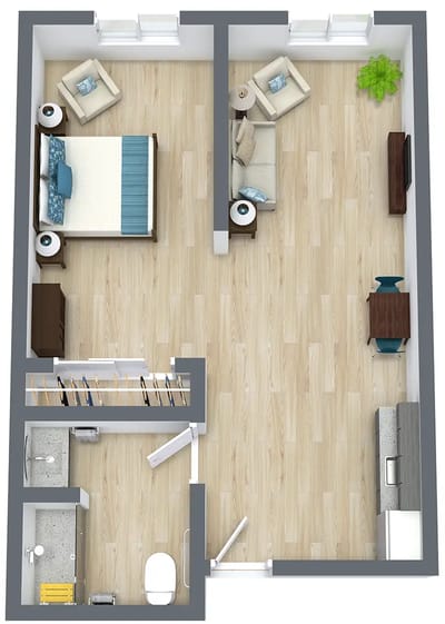 Floor plan of a one-bedroom resident unit