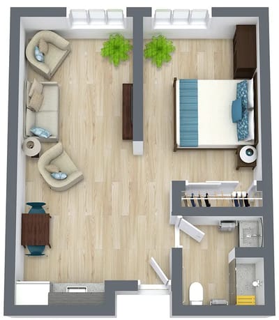 Floor plan of a one-bedroom assisted living unit