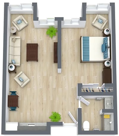 Floor plan of a one-bedroom assisted living unit