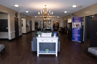 Interior view of a welcoming lobby area in the facility