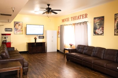 Interior view of a common area with seating and decor