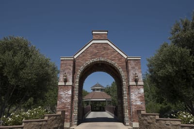 Bridge leading to a gazebo surrounded by trees