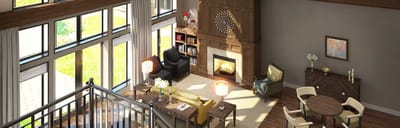 Interior lounge area with large windows and seating