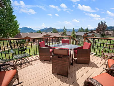 Outdoor patio with seating and scenic views