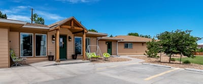 Exterior view of the building entrance and outdoor space