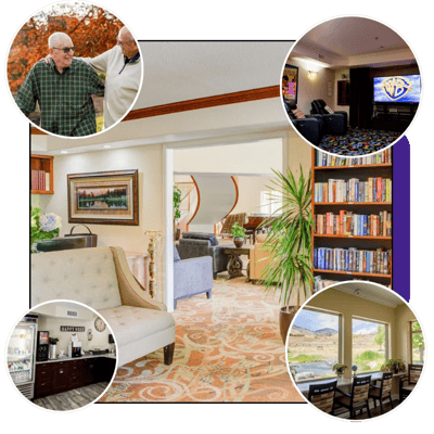 Residents enjoying activities in a cozy lounge area