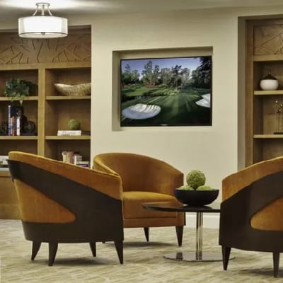 Interior lounge area with modern seating and decor