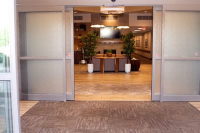 Interior view of a welcoming common area with seating and decor