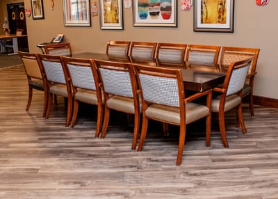 Dining room with wooden tables and chairs