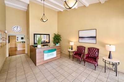 Lobby area with reception desk and seating