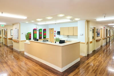 Interior shot of a reception area with warm lighting