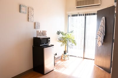 Interior view of a private room with a microwave and plants