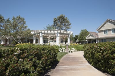 Outdoor gazebo area surrounded by greenery