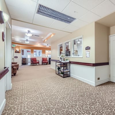 Interior hallway with seating and reception area