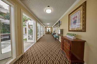 Interior hallway with seating and decorative elements