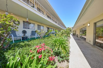 Pathway through a garden area in a senior living facility