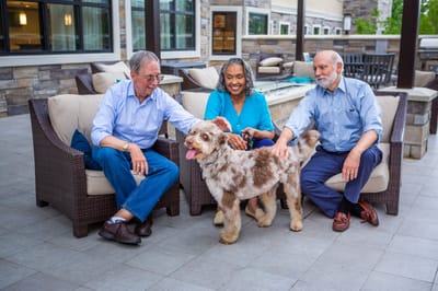 Residents interacting with a dog in an outdoor space