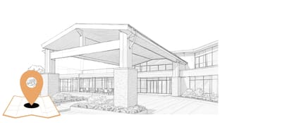 Sketch illustration of a building entrance with a large overhang