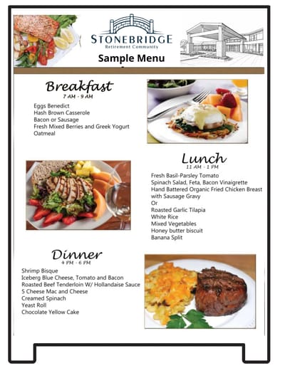 Sample menu with meal options for residents