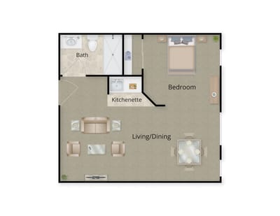 Layout of a one-bedroom unit with living and dining areas
