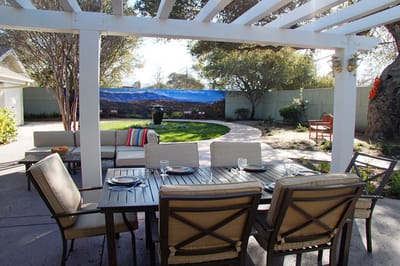 Outdoor dining setup in a garden area