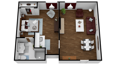 Floor plan of a resident suite with living area and bedroom