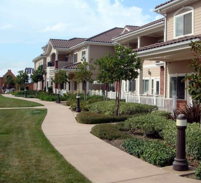Pathway leading through landscaped outdoor area