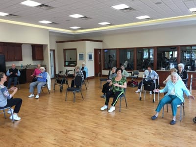 Residents participating in a seated exercise class
