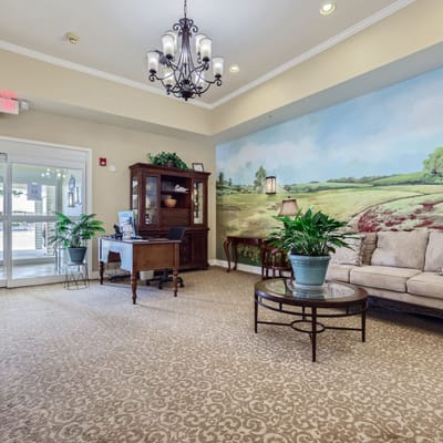 Interior view of a welcoming common area with seating