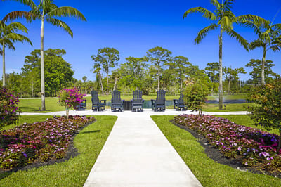 Outdoor seating area with beautiful landscaping