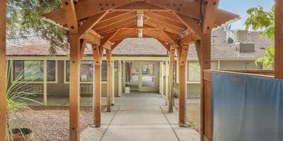 Covered entrance to the Evergreen Post Acute facility