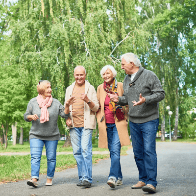 Four seniors walking together in a park setting