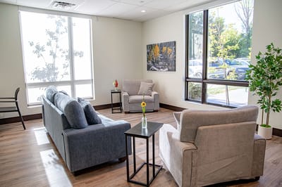 Bright interior common area with comfortable seating