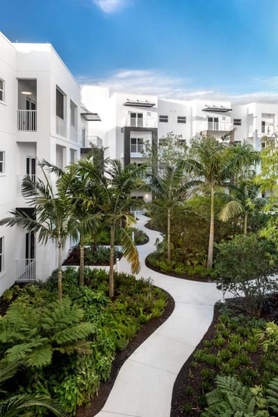 Lush pathway through tropical landscaping at assisted living facility