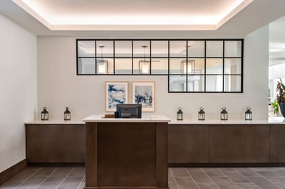 Reception area with a modern design and lighting