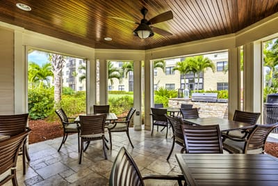 Covered outdoor seating area with tables and chairs