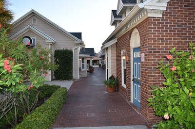 Pathway between buildings with flowers and greenery