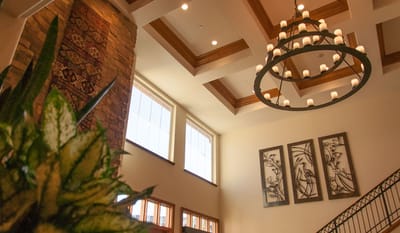 Interior view of a common area with artistic decor