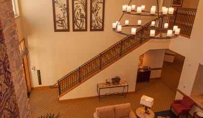 Interior view of a spacious lobby with seating