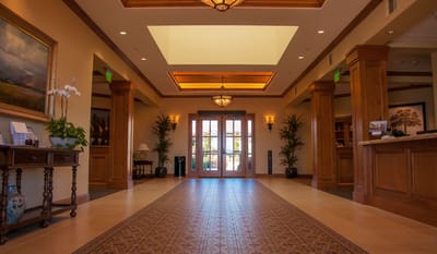 Bright interior hallway of an assisted living facility
