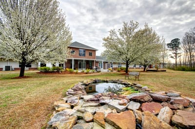 Outdoor view of Branchwater Village with blooming trees