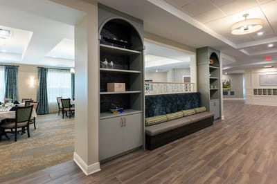 Bright dining area with modern decor and seating