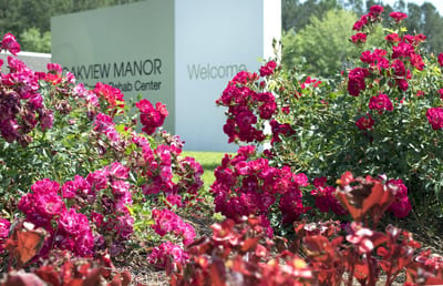 Colorful flowers in front of Oakview Manor sign