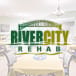 River City Center, Nursing Home in Decatur, AL — Dining area with yellow tablecloths and logo backdrop
