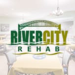 River City Center, Nursing Home in Decatur, AL — River City Rehab logo with dining area background