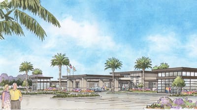 Illustration of a senior living facility exterior with landscaping