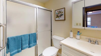 Bright bathroom with a shower and towels