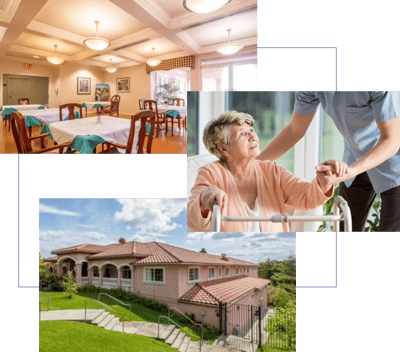 Exterior view of the facility and residents engaging indoors